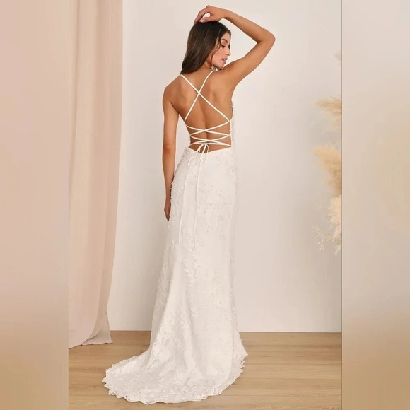 Lulus Enchanting Eternity Ivory Pearl Lace-Up Backless Dress Wedding Bride - Picture 6 of 11